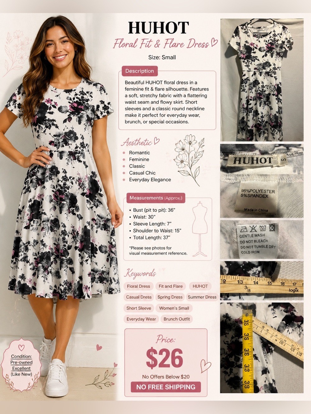 HUHOT White Floral Fit & Flare Midi Dress with Pink and Black Print